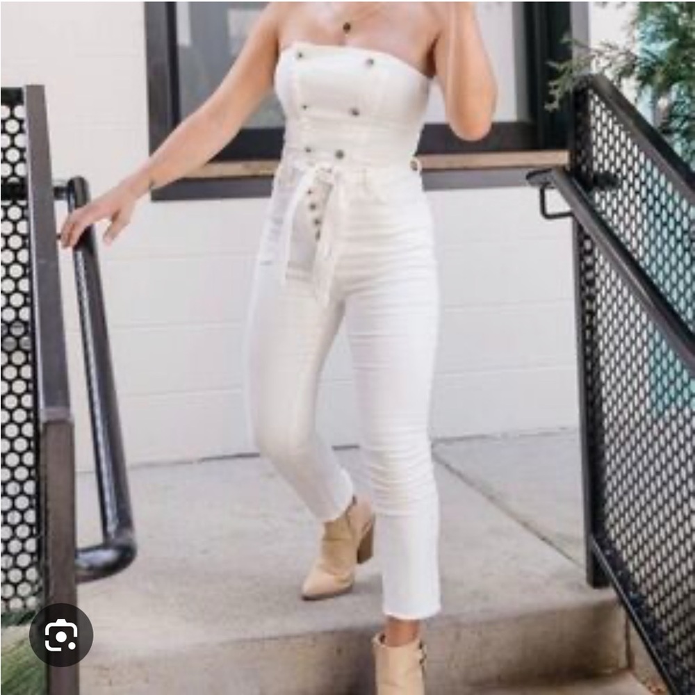Kittenish by Jessie James Women's White denim Strapless Jumpsuit